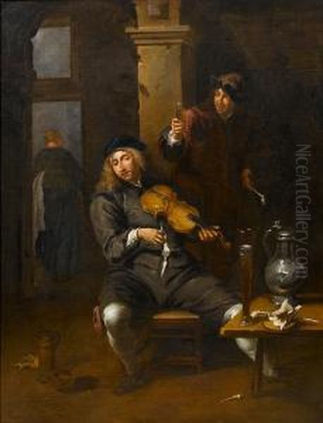 An Interior With A Young Man Playing A Violinand Another Raising A Glass Of Wine Oil Painting by Willem Van Herp