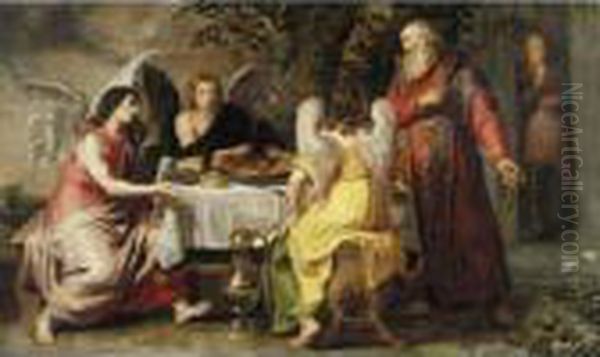 Abraham And The Three Angels Oil Painting by Willem Van Herp