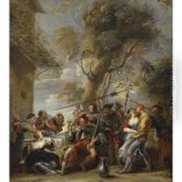 Bandits Assaulting A Group Of Peasants Outside An Inn Oil Painting by Willem Van Herp