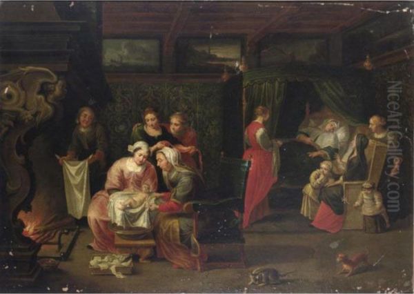 An Interior With Women Visiting A
 Mother Of A Newly-born Child And Small Children Near A Fireplace Oil Painting by Willem Van Herp