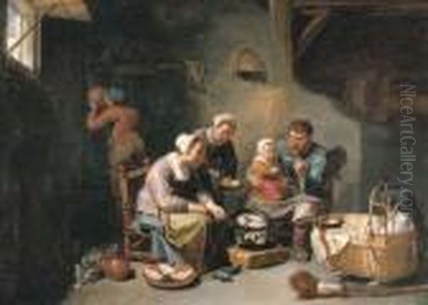 A Peasant Family Frying Fish In An Interior Oil Painting by Willem Van Herp