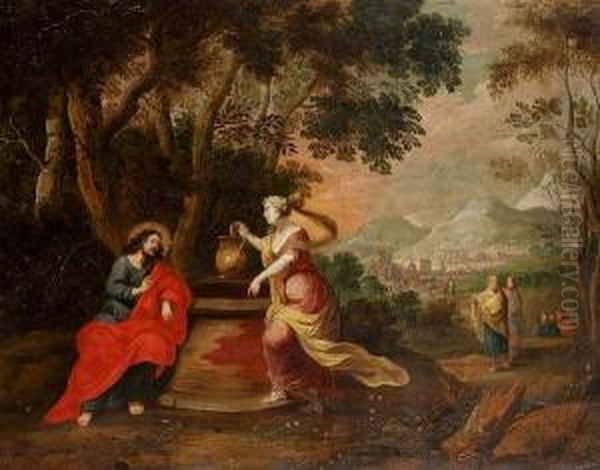 The Return From The Flight Into Egypt; And Christ And The Woman Of Samaria Oil Painting by Willem Van Herp