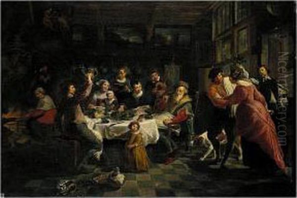 Interior With A Family Feasting And Dancing Oil Painting by Willem Van Herp