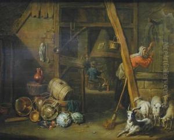 Interno Con Figure, Ovini, Verdura E Vasellame. Oil Painting by Willem Van Herp