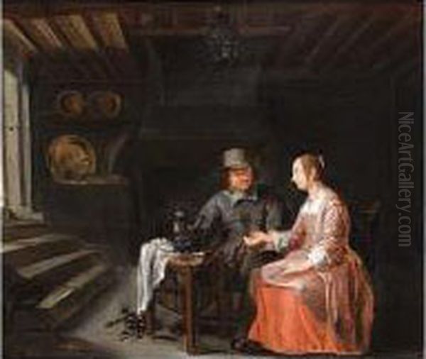 A Couple Drinking And Smoking In An Interior Oil Painting by Willem Van Herp