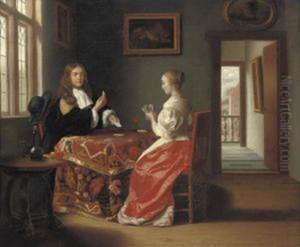 An Elegant Couple Playing Cards Oil Painting by Samuel Van Hoogstraten