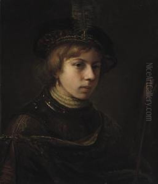 A 'tronie' Of A Boy Wearing A Breastplate And A Feathered Cap,holding An Arrow Oil Painting by Samuel Van Hoogstraten