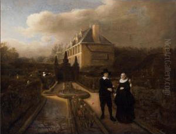 A Portrait Of Johan Cornelisz. 
Vijgeboom (died 1665) Handing His Wife, Anneken Joosten Boogaert (died 
1650) A Tulip In The Garden Of Their Manor House Near Dubbeldam Oil Painting by Samuel Van Hoogstraten