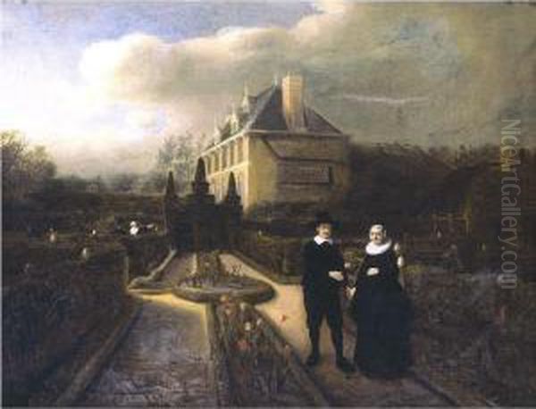 Portrait Of A Jan Cornelisz. 
Vijgeboom Handing His Wife, Anneken Joosten Boogaert A Tulip In The 
Garden Of A Manor House Oil Painting by Samuel Van Hoogstraten