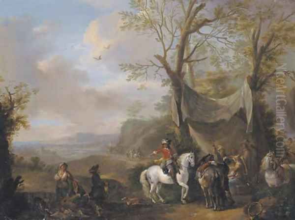 An extensive landscape with a hunting party taking refreshment under an awning Oil Painting by Carel van Falens or Valens