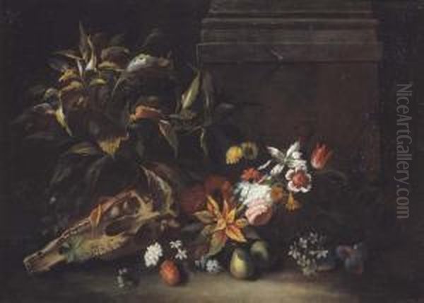 Natura Morta Con Fiori, Frutta E Cranio Di Cavallo Oil Painting by Niccolino Van Houbraken