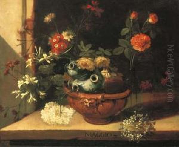 A Ceramic Vase With Roses, 
Hortensias And Other Flowers In A Claypot On A Stone Ledge (one Of A 
Series Of Months) Oil Painting by Niccolino Van Houbraken