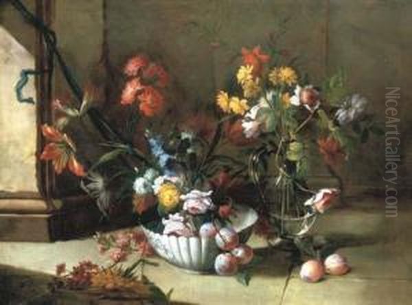 Roses, Carnations And Other 
Flowers And Plums In A Porcelain Bowl,by A Ewer With Roses On A Stone 
Floor Oil Painting by Niccolino Van Houbraken