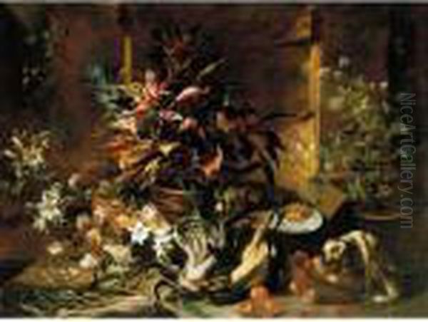 Still Life With Potted Plants 
And Roses, A Dog, A Basket Of Apples, Fennel, And A Semi-plucked 
Rooster, A Bread Roll On A Plate And A Wine-glass Oil Painting by Niccolino Van Houbraken