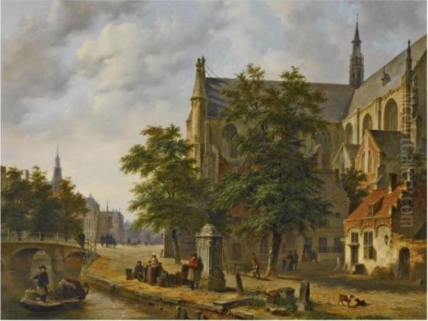 Figures Near A Church In A Dutch Town Oil Painting by Bartholomeus J. Van Hove