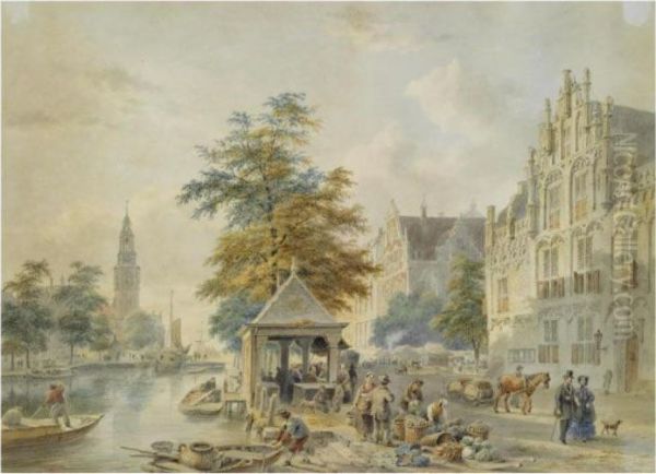 A View Of Amsterdam With The Montelbaanstoren In The Distance Oil Painting by Bartholomeus J. Van Hove