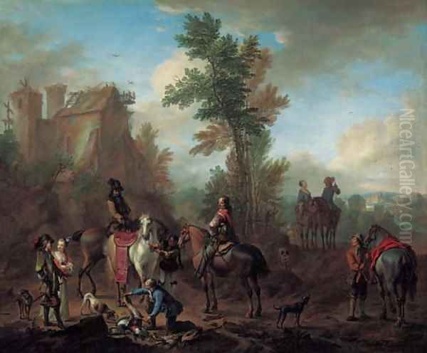 A hunting party halting after the chase Oil Painting by Carel van Falens or Valens