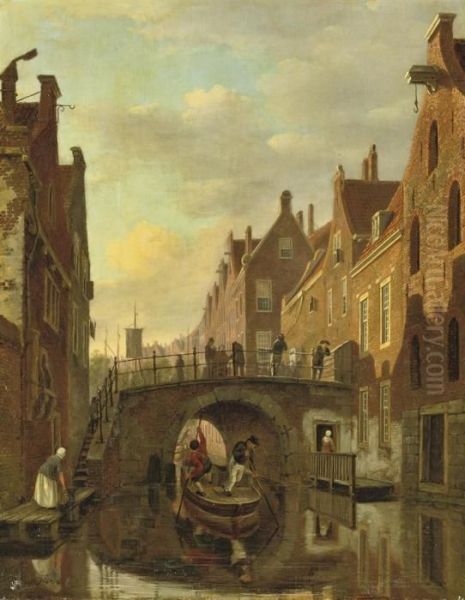 Pushing A Boat Through The Grimnessesluis, Amsterdam Oil Painting by Bartholomeus J. Van Hove