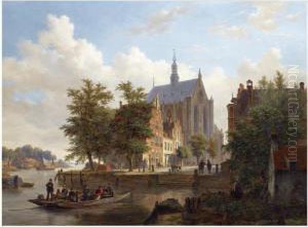 A Ferry Crossing The Binnen 
Spaarne Canal In Haarlem, The Sint Bavochurch In The Background Oil Painting by Bartholomeus J. Van Hove