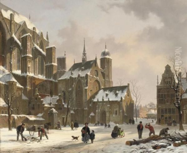 Daily Activities Near A Sunlit Church In Winter Oil Painting by Bartholomeus J. Van Hove