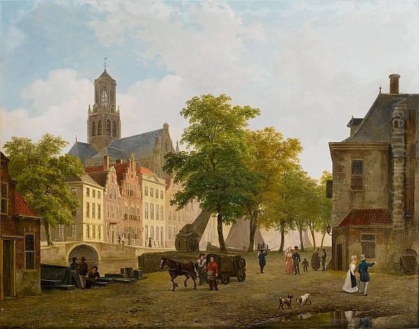 Figures By St Bavo Church, Haarlem Oil Painting by Bartholomeus J. Van Hove