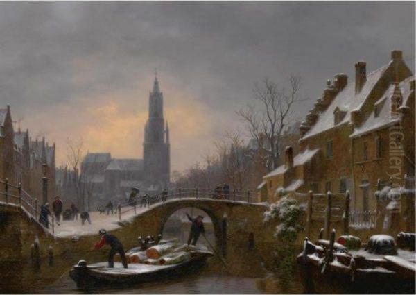 Figures On A Barge On A Canal In Delft Oil Painting by Bartholomeus J. Van Hove