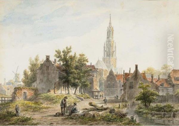 A Dutch Town View With Figures Conversing Oil Painting by Bartholomeus J. Van Hove