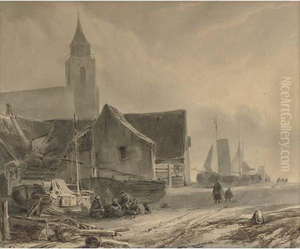 De Oude Kerk, Scheveningen Oil Painting by Bartholomeus J. Van Hove