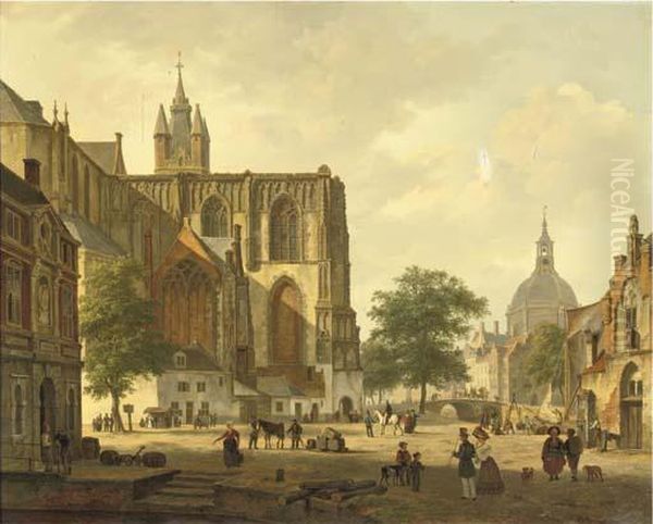 A Busy Dutch City Square In Summer Oil Painting by Bartholomeus J. Van Hove