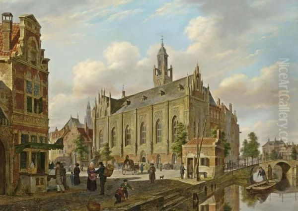 Town With Figures On A Canal Oil Painting by Bartholomeus J. Van Hove