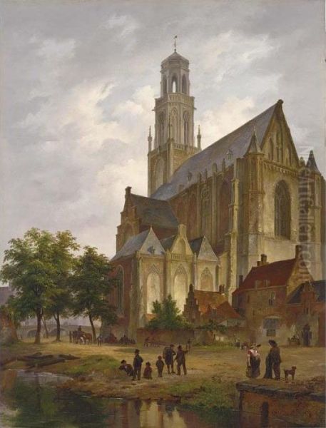 Figures Near A Church In A Dutch Town Oil Painting by Bartholomeus J. Van Hove