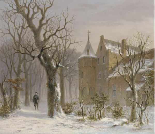 Sportsman In A Snowy Forest By A Castle Oil Painting by Bartholomeus J. Van Hove