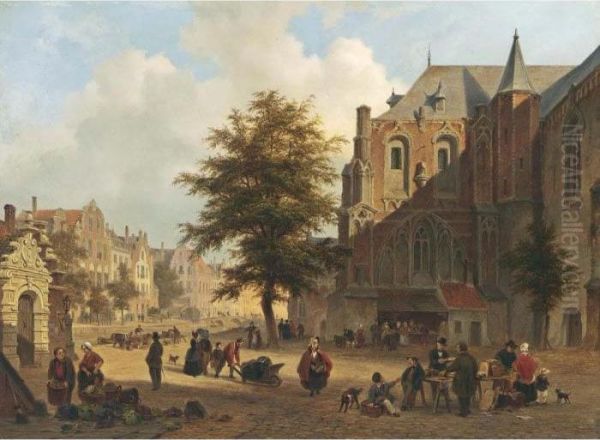 A Town Scene With Figures On A Market Square Oil Painting by Bartholomeus J. Van Hove