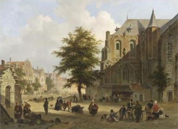 A Town Scene With Figures On A Market Square Oil Painting by Bartholomeus J. Van Hove