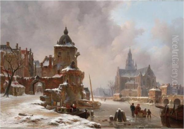 A View Of A Town In Winter Oil Painting by Bartholomeus J. Van Hove