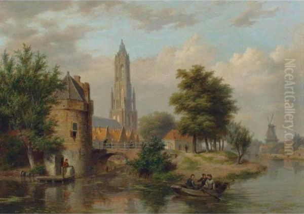 View Of A Riverside Dutch Town Oil Painting by Bartholomeus J. Van Hove