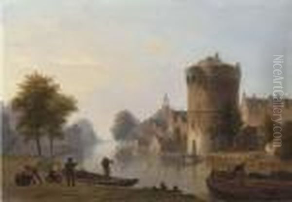 Figures By A Dutch Canal Oil Painting by Bartholomeus J. Van Hove