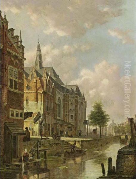 A View Of A Dutch Town Oil Painting by Bartholomeus J. Van Hove