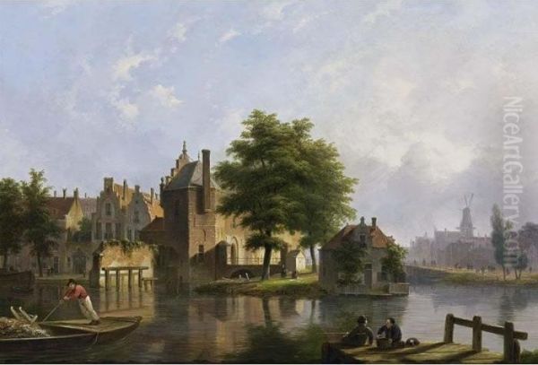 A View Of A Dutch Town In Summer Oil Painting by Bartholomeus J. Van Hove