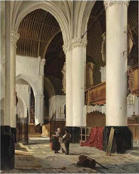 Townsfolk In A Sunlit Church Oil Painting by Bartholomeus J. Van Hove