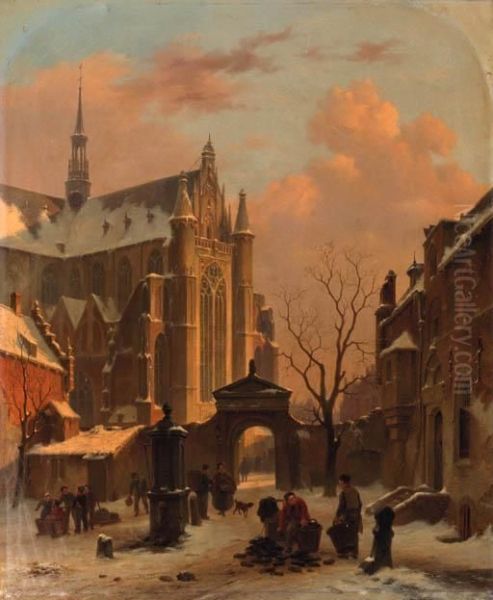 A Cappriccio View Of The Hooglandse Kerk, Leiden, In Winter Oil Painting by Bartholomeus J. Van Hove