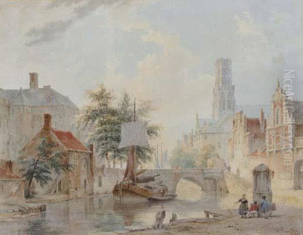 A View In Deventer (?) With A Moored Barge On A Canal Oil Painting by Bartholomeus J. Van Hove