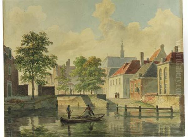 Two Figures In A Rowing Boat On The Krayenhorstergracht,haarlem Oil Painting by Bartholomeus J. Van Hove