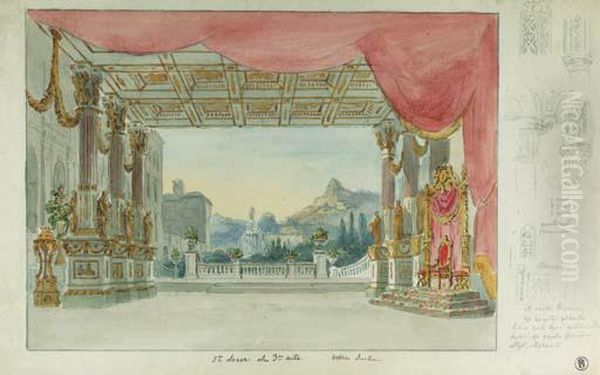 A Stage Design For The Opera Vesper Sicialiana, With Subsidiarystudies Of Ornaments Oil Painting by Bartholomeus J. Van Hove