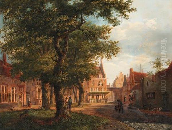 A Village Square With Villagers Conversing Under Trees Oil Painting by Bartholomeus J. Van Hove