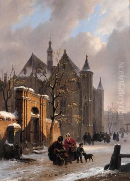 A Capricio View With Figures Leaving A Church In Winter Oil Painting by Bartholomeus J. Van Hove