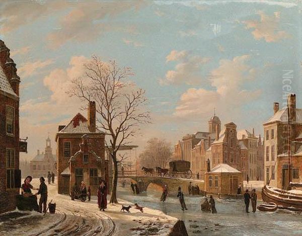 A Dutch Town Scene In Winter Oil Painting by Bartholomeus J. Van Hove