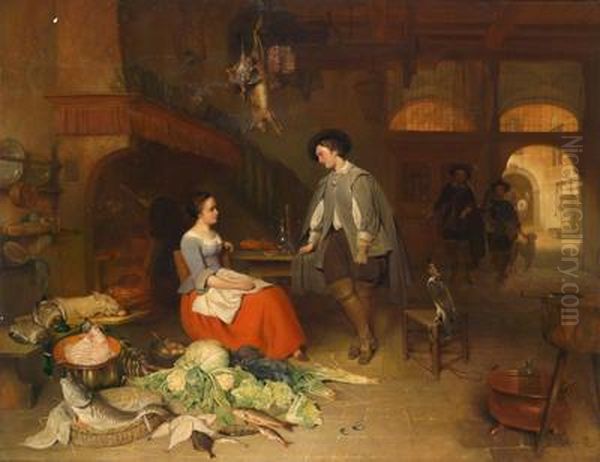 Niederlandisches Kucheninterieur Mit Einem Jungen Herrn Im Gesprach Mit Einer Jungenfrau Oil Painting by Hubertus, Huib Van Hove