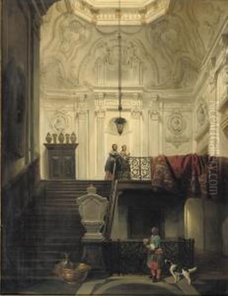 Elegant Figures In Interior Of Huis Schuylenburch, The Hague Oil Painting by Hubertus, Huib Van Hove