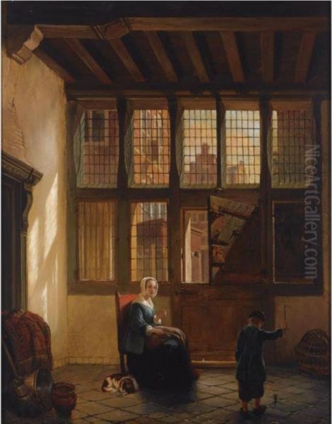 Mother And Child Playing Top In An Interior Oil Painting by Hubertus, Huib Van Hove